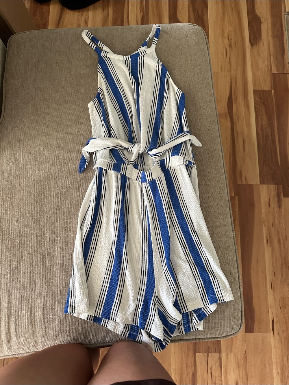Love Tree Blue, White and Black Striped Halter Romper